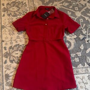 Classic Collared Short-Sleeve Dress in Deep Red